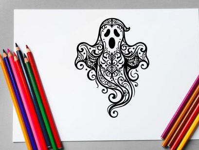 Ilustração de Fantasma de Halloween Estilizado com Arte de Linhas Intrincadas