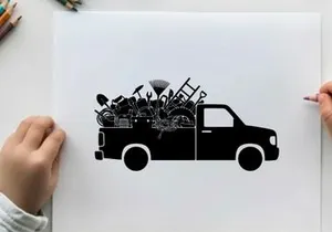 Silhouette of a truck loaded with various tools and equipment