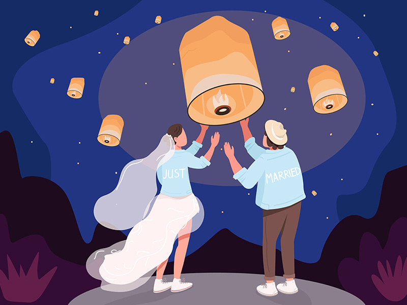 Romantic celebration with lanterns flat color vector illustration