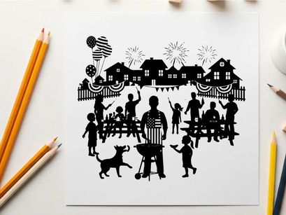 Patriotic backyard bbq silhouette on 4th of july with family and fireworks