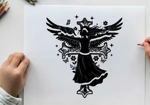 Silhouette of angel with wings and crosses silhouette