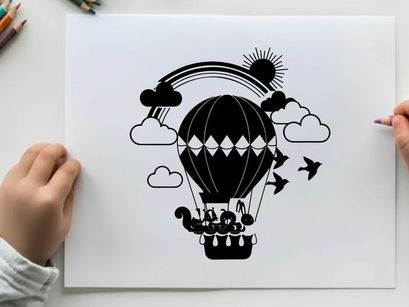 Hot air balloon silhouette with rainbow and clouds scene