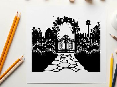 Silhouette of a beautiful garden gate and pathway silhouette