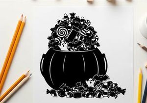 Black cauldron silhouette overflowing with halloween candy and treats