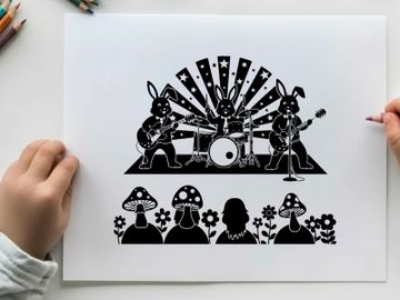 Silhouette of rabbits playing music for crowd with mushrooms preview picture