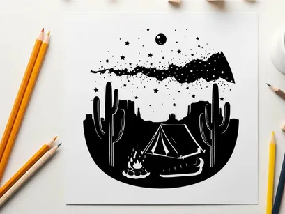 Desert camping silhouette under starry night sky