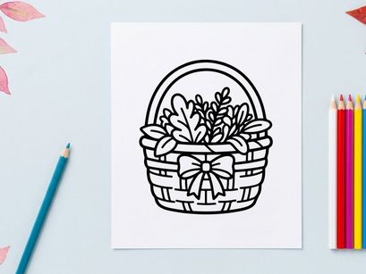 Wicker basket with autumn leaves. Decorative harvest container with a festive bow.