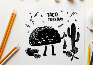 Taco tuesday silhouette character with cactus and fiesta elements
