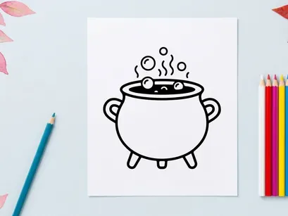Witch cauldron icon with bubbles. Magic pot line art for Halloween design.