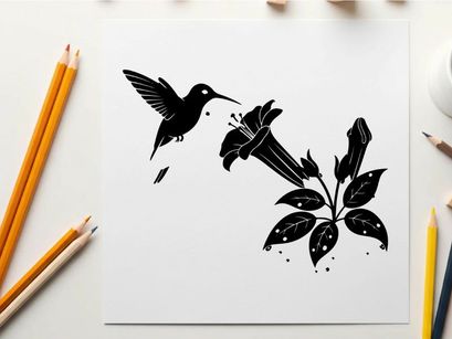 Silhouette of hummingbirds and flowers in flight