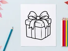 Christmas gift box with ribbon bow line art illustration for holiday coloring page design.