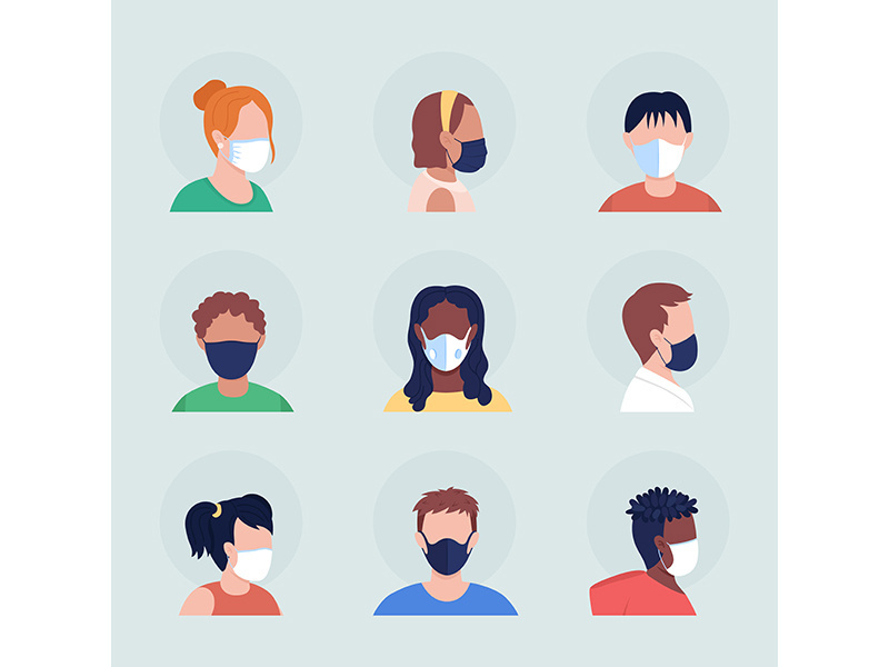 Face covering semi flat color vector character avatar with mask set