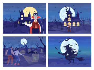 Wicked nighttime flat color vector illustration set preview picture