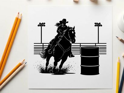 Silhouette of cowboy riding horse around barrel racing silhouette