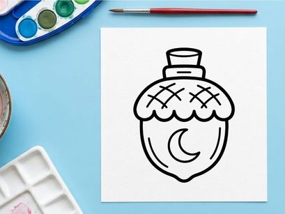 Acorn potion bottle icon. Magic forest elixir flask with moon symbol for Halloween design.