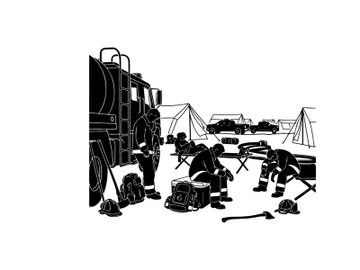 Firefighters in silhouette preparing for action at a fire scene preview picture