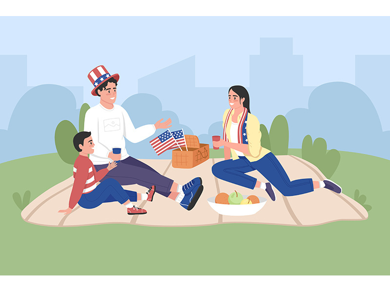 Happy american family celebrate Independence day flat color vector illustration