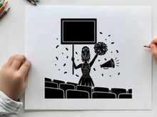 Cheerleader silhouette holding sign and pom pom in stadium