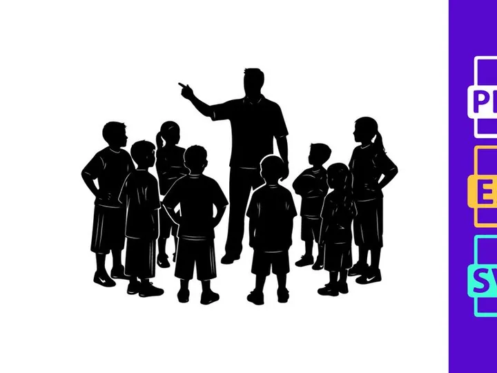 A teacher standing and pointing while surrounded by a group of attentive young students