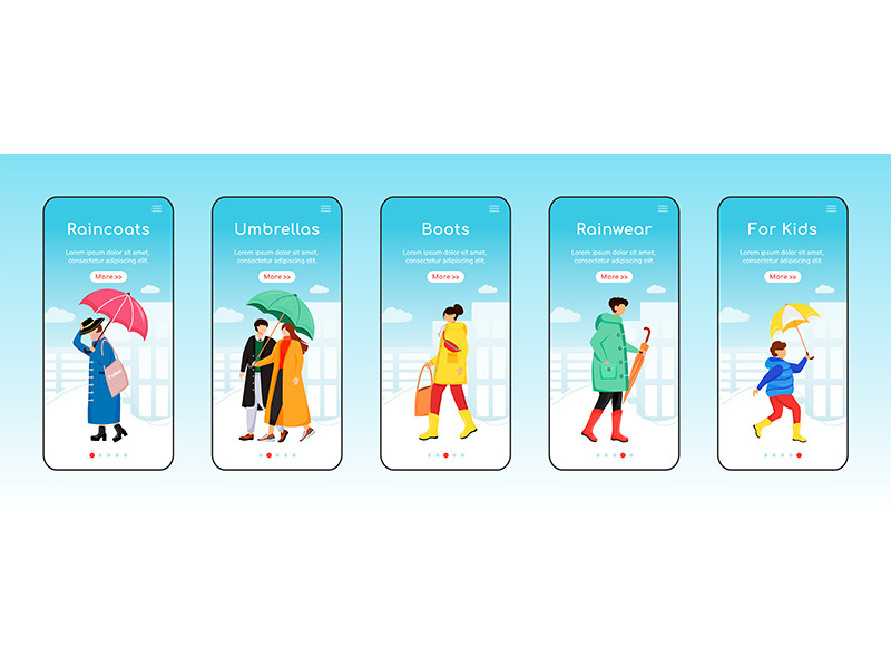 Rainwear onboarding mobile app screen flat vector template