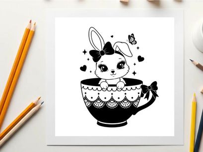 Adorable bunny silhouette in decorative teacup with butterfly