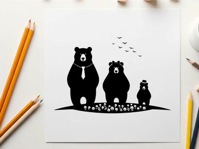 Silhouette of a bear family in a forest landscape
