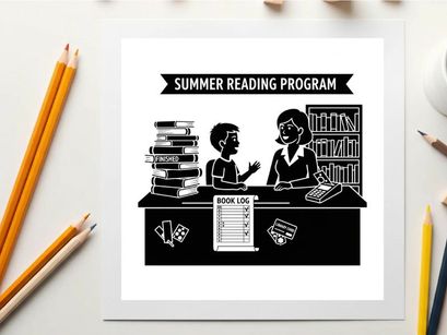 Summer reading program silhouette illustration of kids and librarian