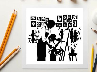 Silhouette of art teacher and student in art class with paintings