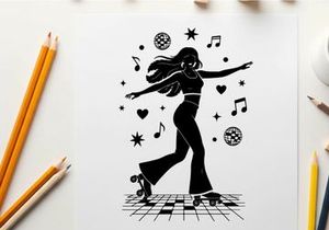 Retro silhouette of woman roller skating with music symbols