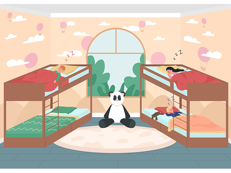 Kindergarten bed time flat color vector illustration