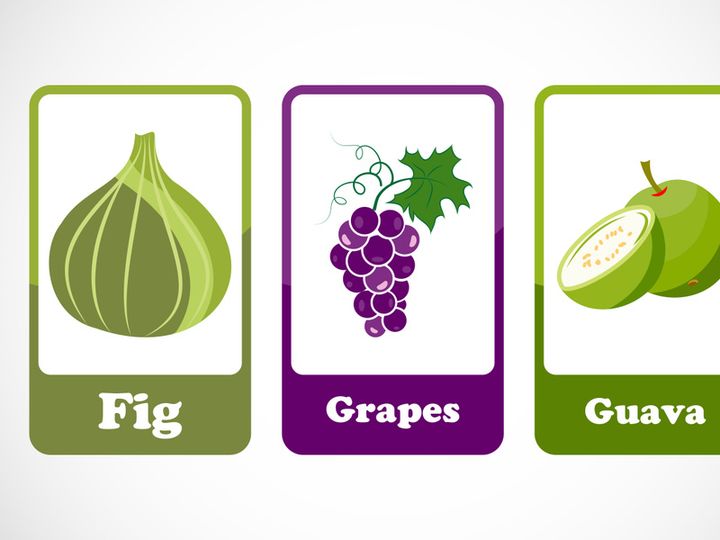 Fruit flashcards for kids. Educational cards for preschool. Printable vector illustration