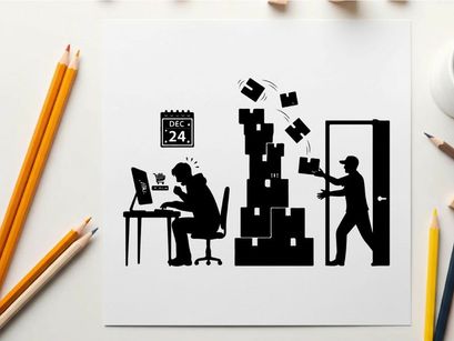 Silhouette of office worker amidst chaotic moving boxes and computer work