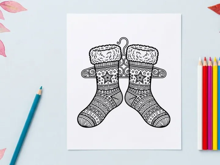 Página para colorear de medias navideñas con intrincados patrones de estrellas en una percha
