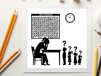 Silhouette of a woman struggling with a crossword puzzle and children
