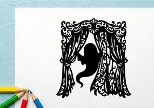 Silhouette of a seahorse behind ornate curtain with elegant design