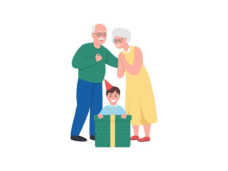 Gift giving grandparents with grandson flat color vector detailed character