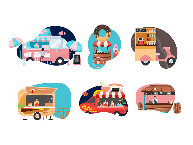 Street food festival flat vector illustrations set