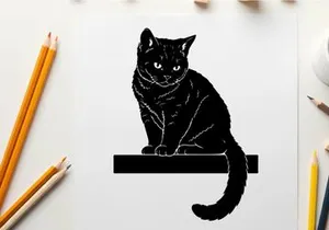 Black cat silhouette sitting on a ledge looking forward