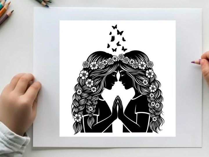 Silhouette of two women with floral crowns and butterflies
