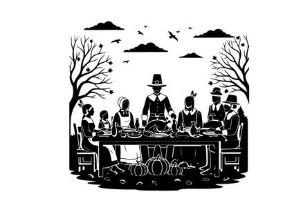 Thanksgiving dinner silhouette with family and pilgrims gathered