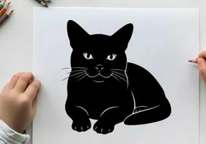 Black cat silhouette with piercing eyes and whiskers on white background
