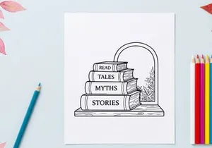 Stack of books with winter window view, line art illustration for Christmas reading.