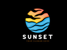 Sunset Logo, Beach Design, River And Sun Illustration, Vector Enjoying The Twilight