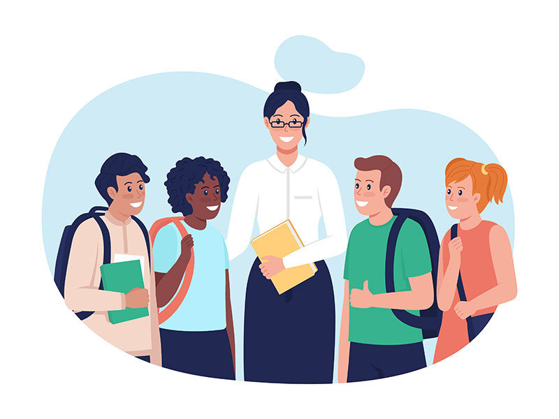 Teacher with students 2D vector isolated illustration
