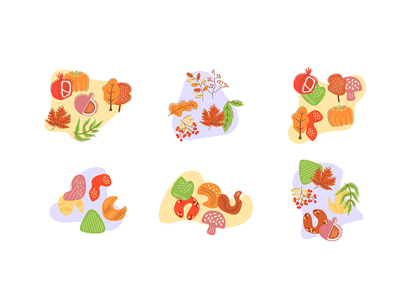Foraging vegetables and mushrooms in autumn flat vector concept illustrations set with abstract shapes