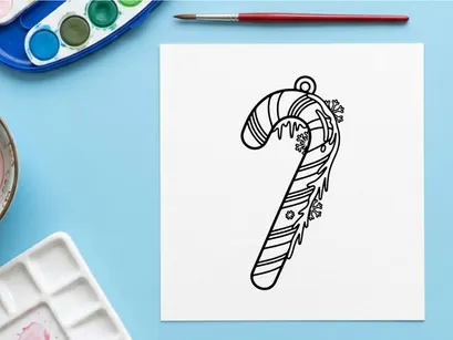 Candy cane ornament line art drawing for Christmas holiday coloring book page design.