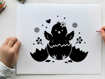 Silhouette of a hatching chick with floral decorations