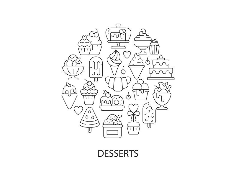 Assorted desserts abstract linear concept layout with headline