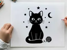 Whimsical silhouette cat under starry night sky with moon