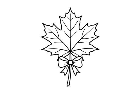 Simple line drawing of a maple leaf with a bow. Minimalist botanical illustration for nature-themed designs.